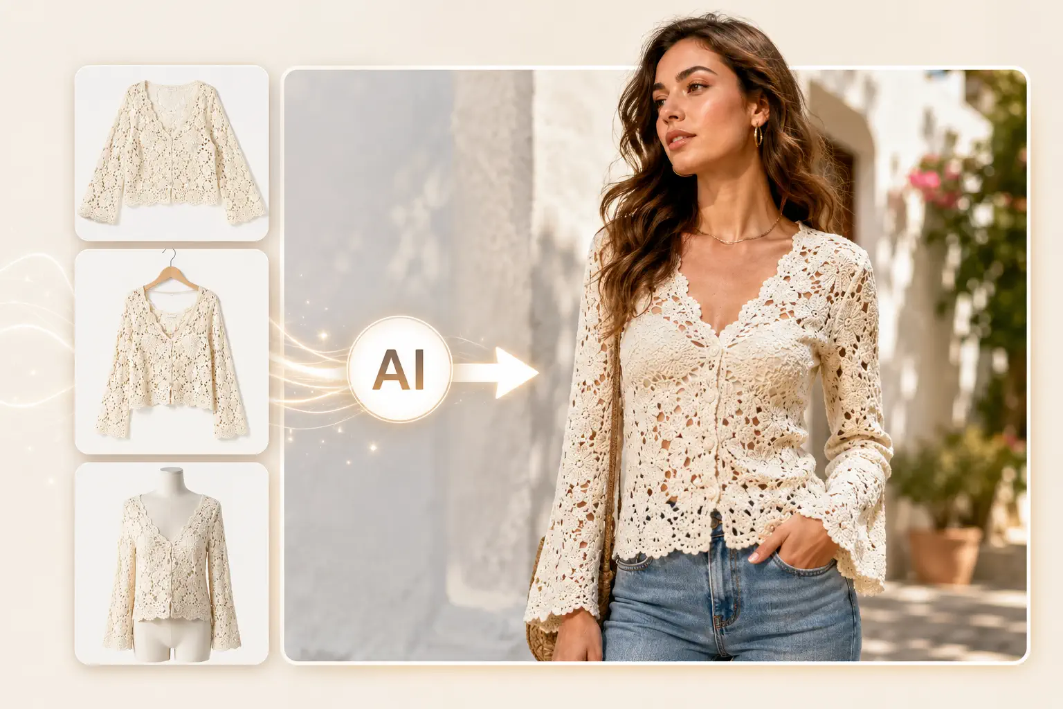 Flat-lay garment converted into a realistic on-model clothing preview