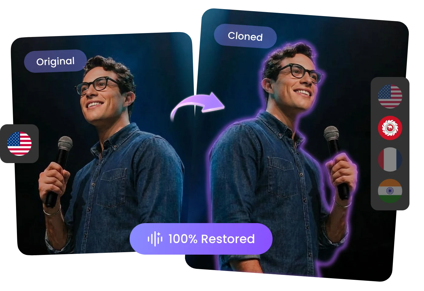 AI voice cloning hero visual with avatar video preview and dark voice interface cards