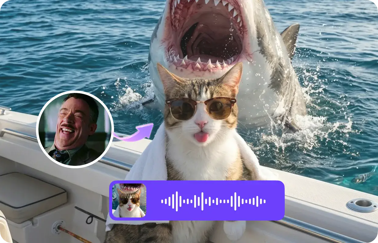 Pet voice cloning visual with a dog wearing sunglasses and audio-style controls