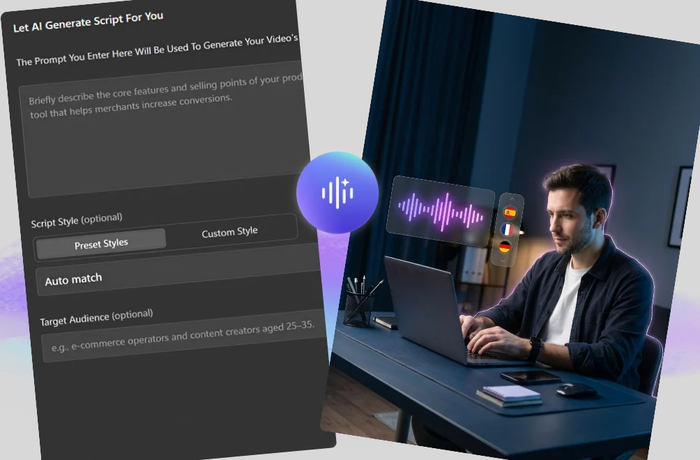 Text to speech editor interface with avatar video preview for scripted voice output