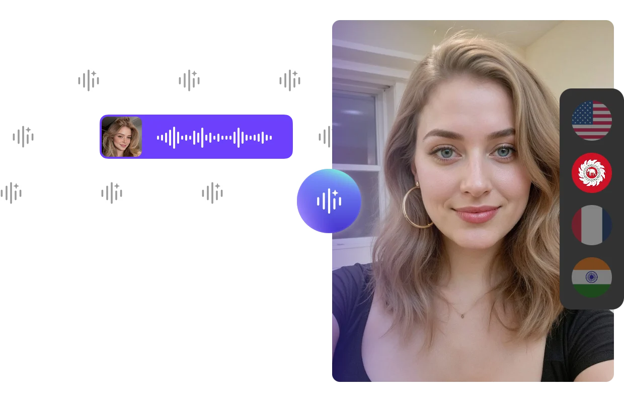 Voice cloning interface paired with a woman avatar video preview and waveform controls