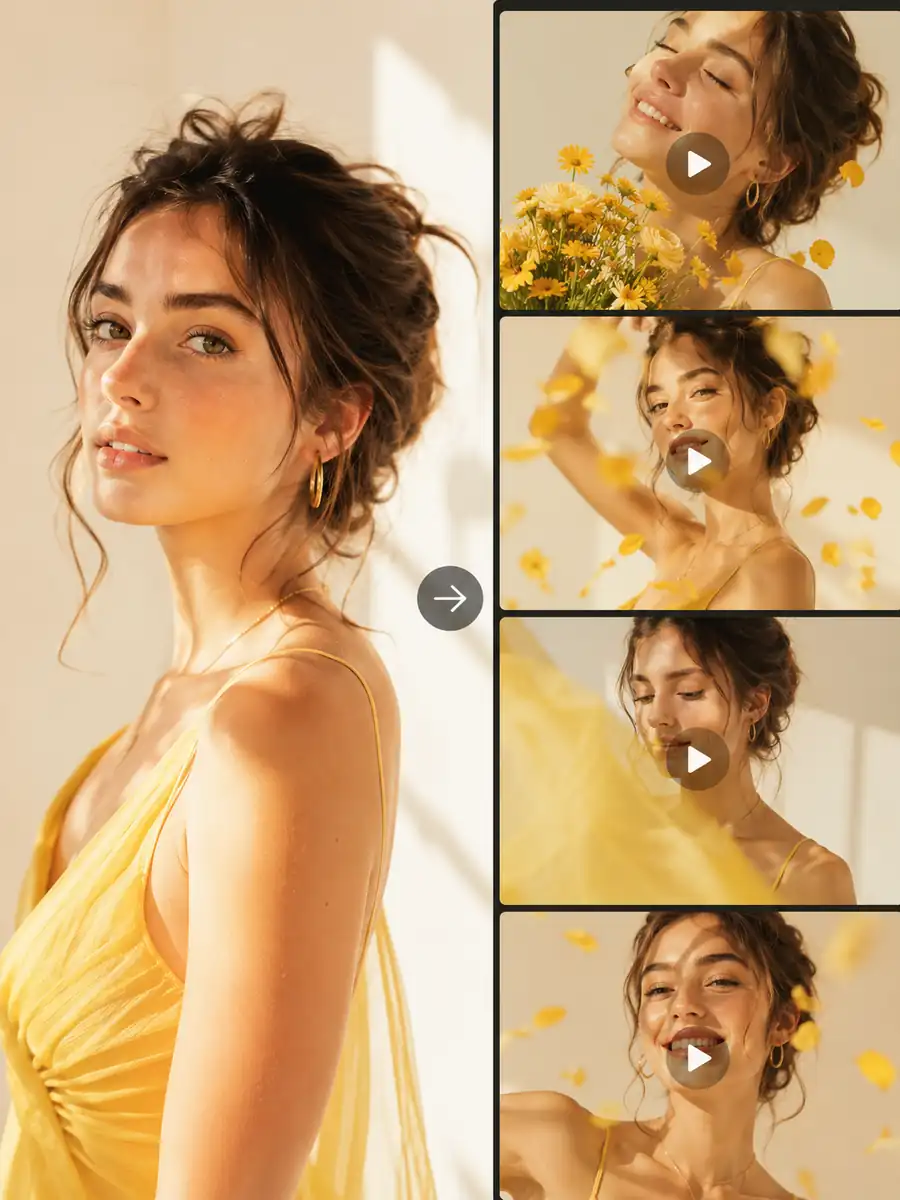 Sunlit portrait image to video result preview showing a woman in a yellow dress transformed into multiple warm cinematic motion scenes