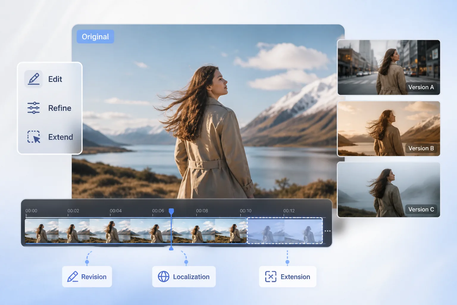 AI video editing workflow for refining, extending, and localizing footage