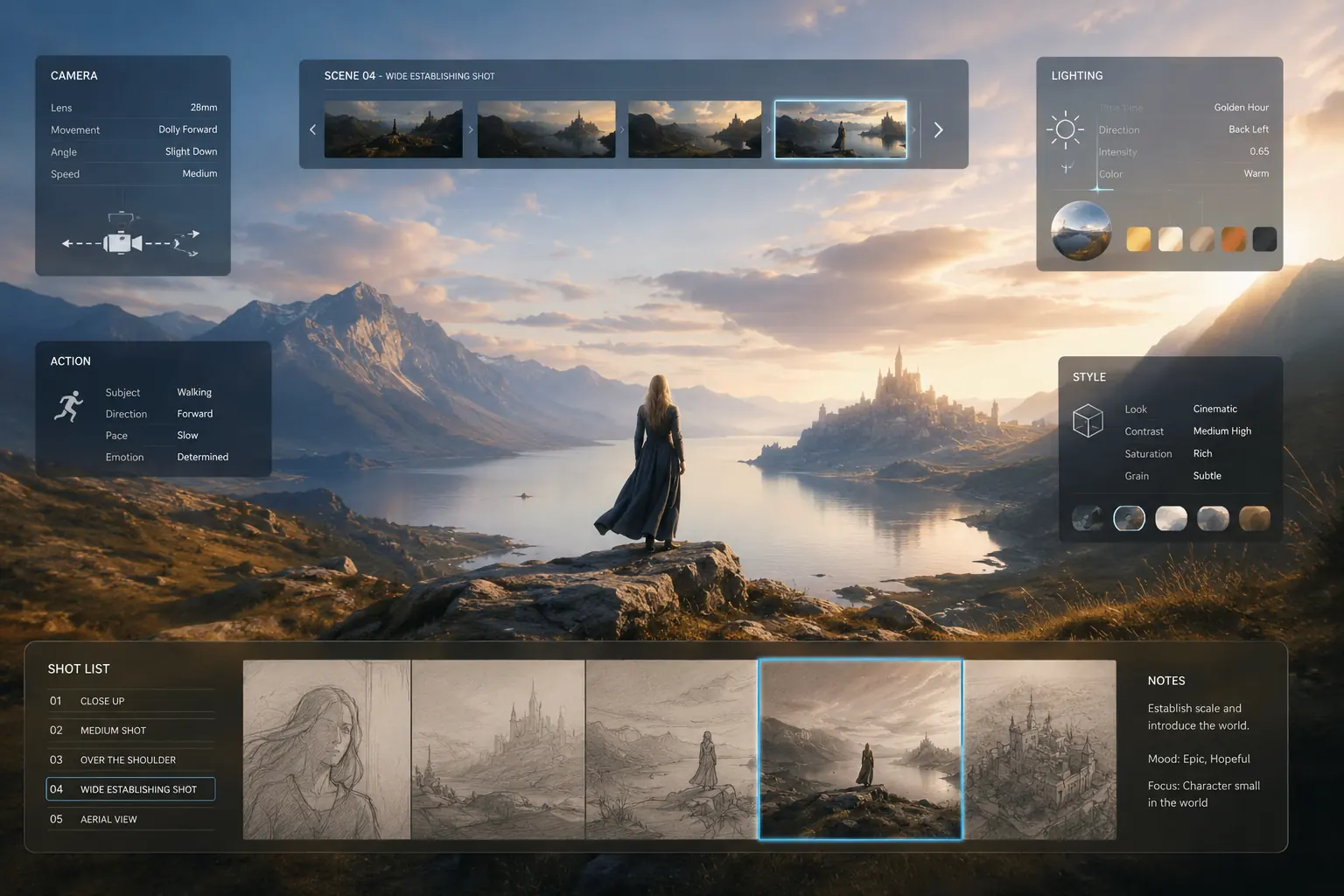 Scene control dashboard for camera motion, lighting, action, and visual style