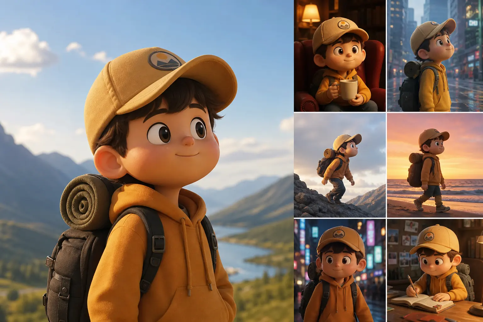 Character-led storytelling frames showing consistent identity across scenes