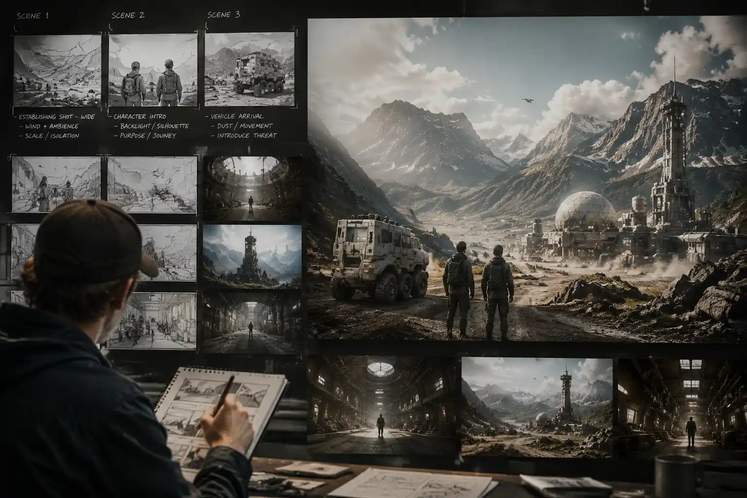 Cinematic previsualization storyboard for planning scenes before production
