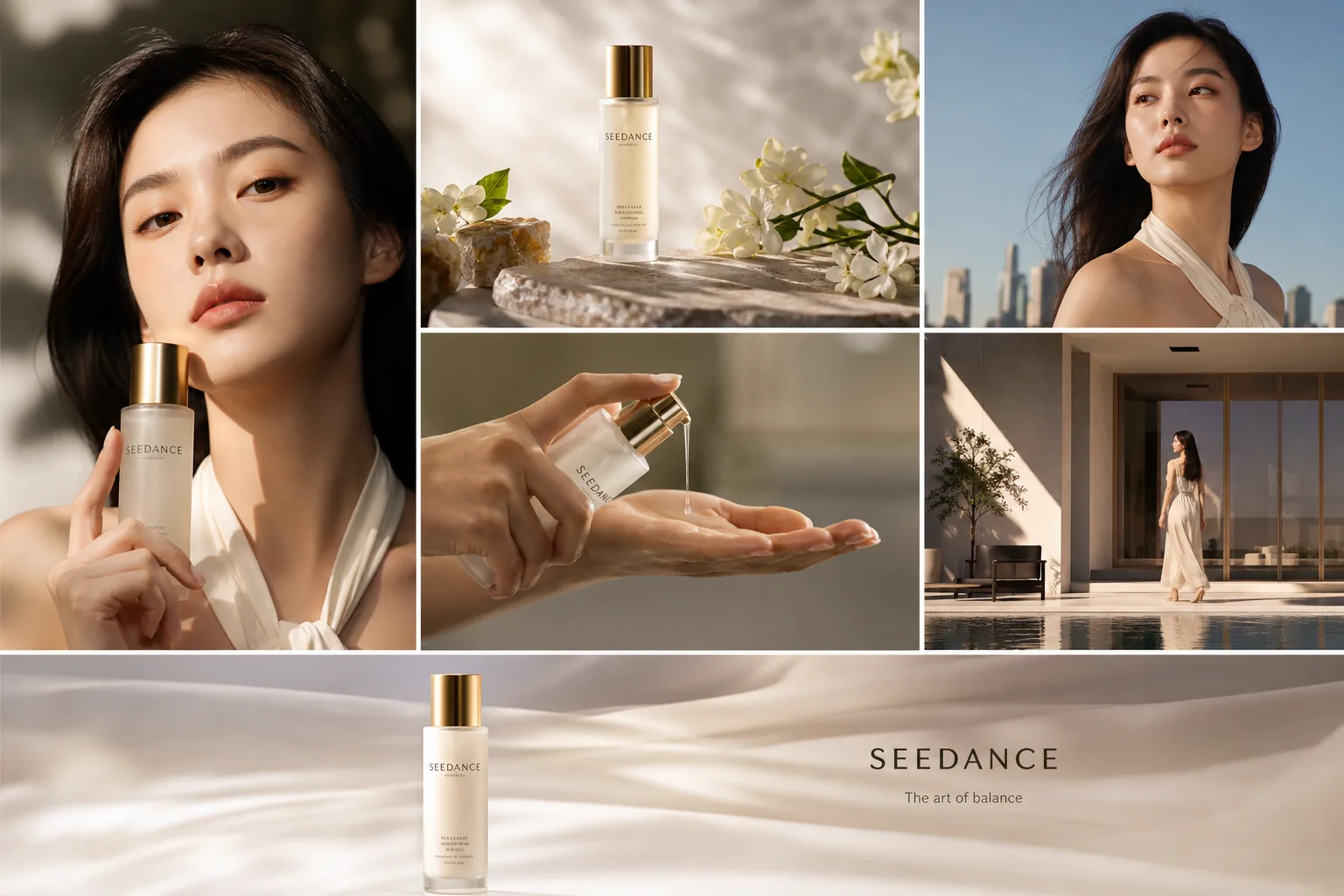 Seedance ad video visuals with beauty product shots and campaign frames