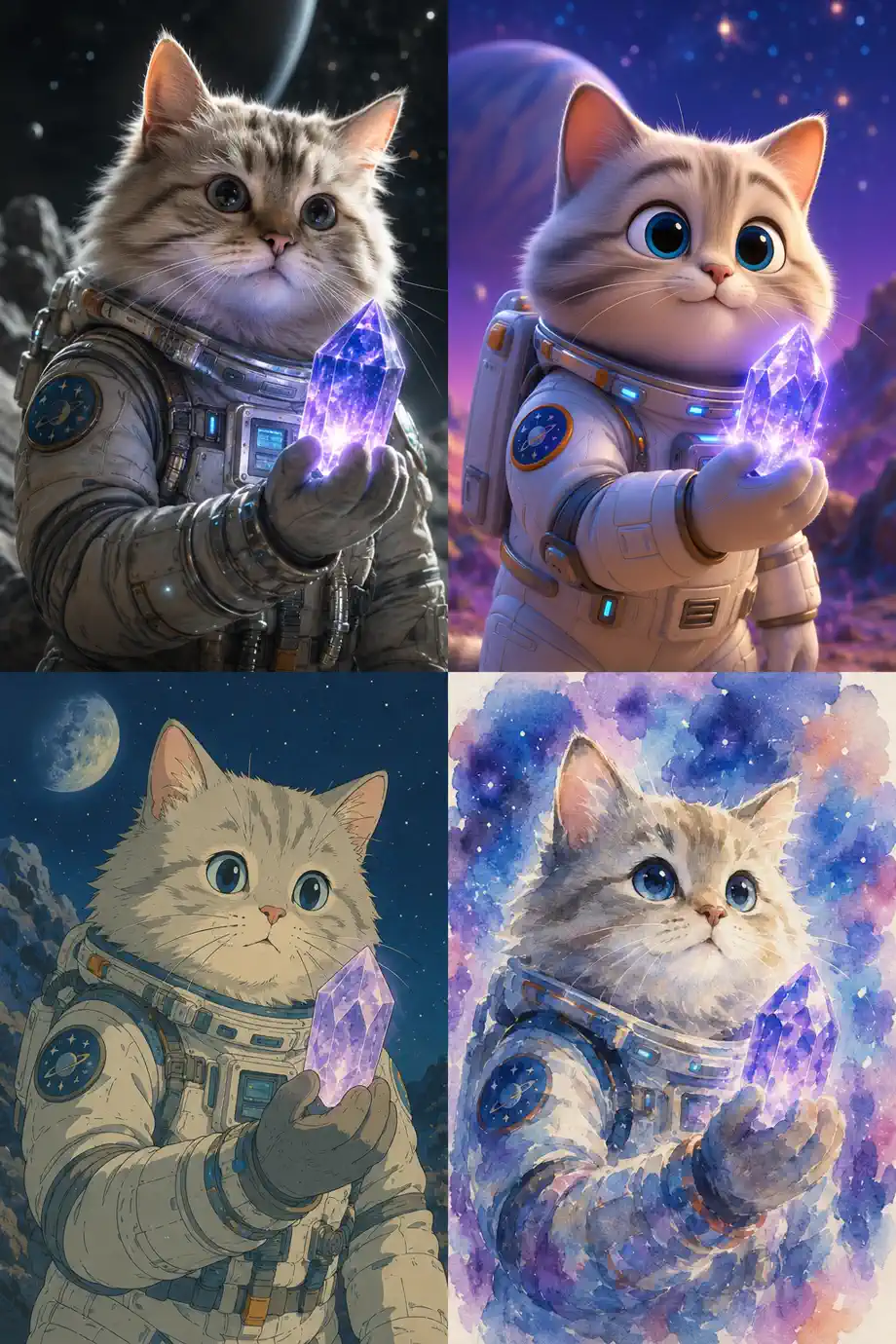 Four AI-generated astronaut cat illustrations holding a glowing crystal in realistic, cartoon, sketch, and watercolor styles